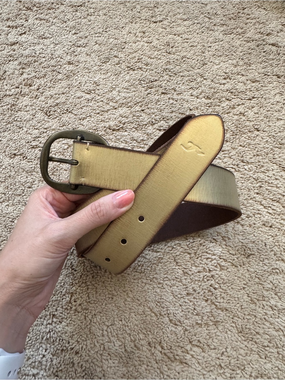 Hollister Metallic Gold Leather Belt with Brushed Brass Buckle